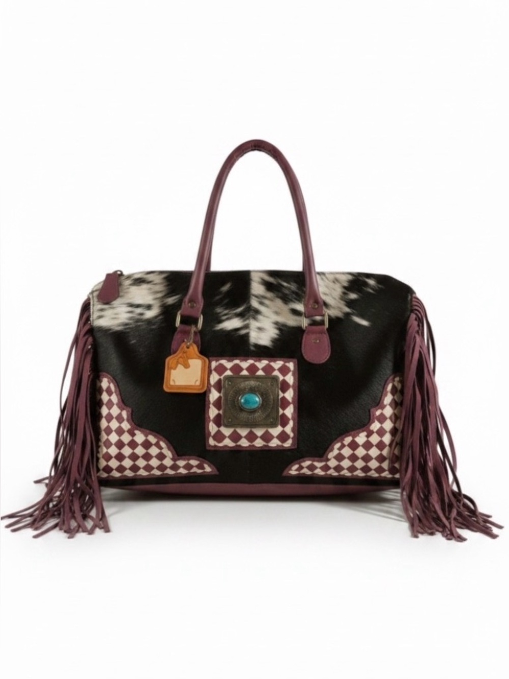 Purple Checkered Leather and Cowhide Weekender Bag NWT - Picture 2 of 6